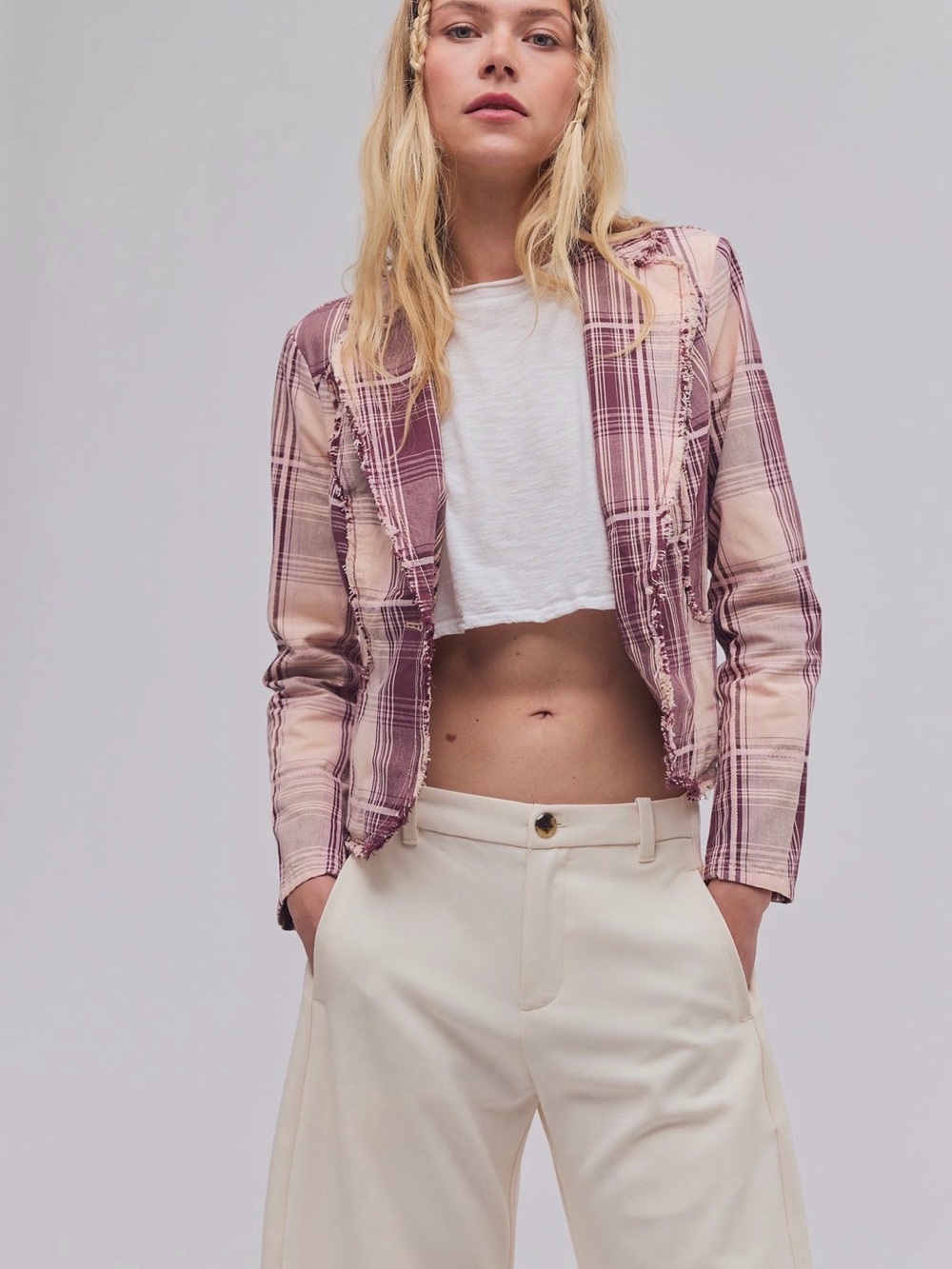Free People Whip Smart Plaid Distressed Cotton Blazer in Peach and Maroon, NWT
